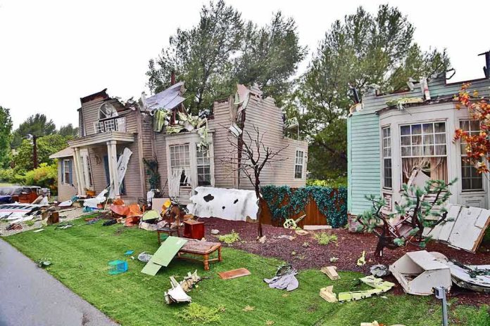 Houses with significant storm damage and debris scattered around the yard