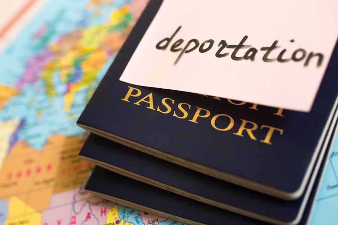 shutterstock_279449597 Stack of passports with a note labeled deportation on top, placed on a map