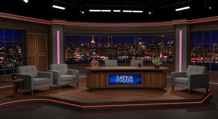 Late night talk show set with city backdrop