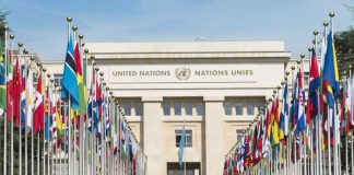United Nations building with rows of world flags
