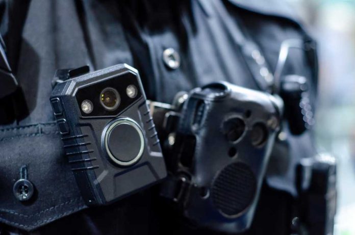 Close-up of a police officer's body camera and communication device