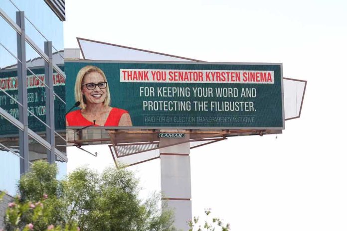 shutterstock_2000036198 Outdoor billboard with a smiling woman in glasses and red dress