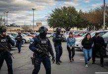 ICE agents conducting an arrest in a parking lot