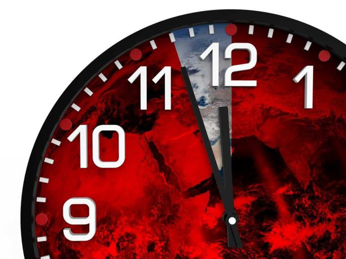 shutterstock_371048429 Clock showing Earth with a red background