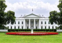 The White House with fountain and red flower bed