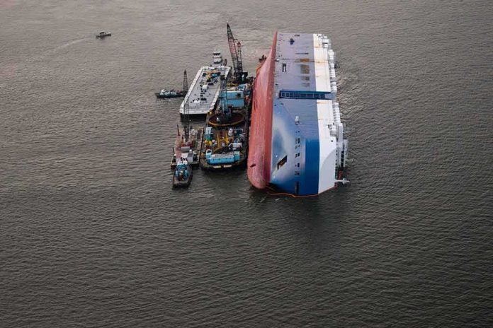 shutterstock_1540854386 Capsized cargo ship with salvage vessels alongside