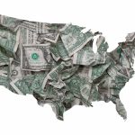 Map of the United States filled with crumpled US dollar bills
