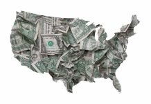 Map of the United States filled with crumpled US dollar bills