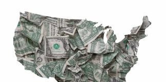 Map of the United States filled with crumpled US dollar bills