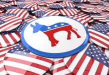 Democratic donkey symbol on a campaign button