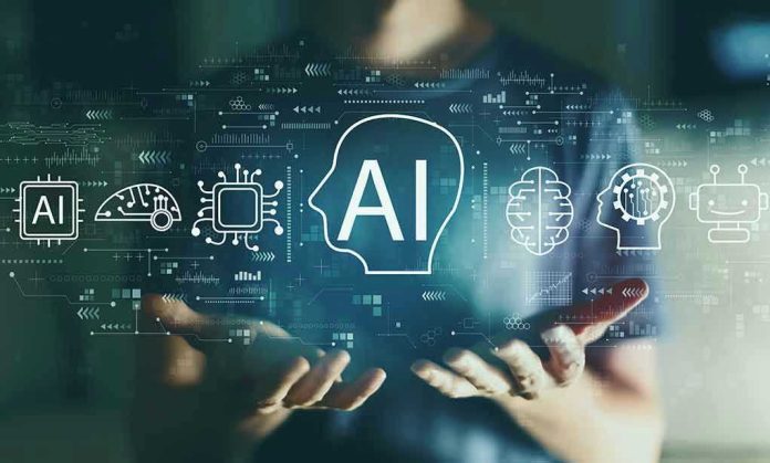 1931158067 Person holding virtual icons related to artificial intelligence.