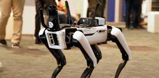 Pentagon Builds New Command for ROBOT WARFARE Robotic dog standing on indoor carpeted floor.
