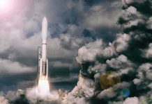 Rocket launches through dense clouds