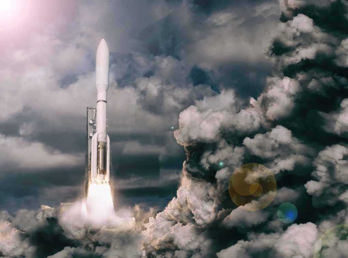 Rocket launches through dense clouds