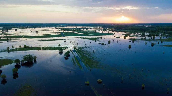 Aerial view of flooded farmland at sunset