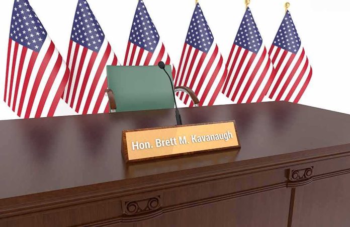 nameplate on a hearing table with microphone and flags