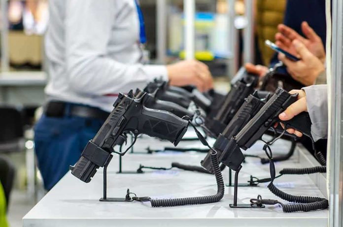 shutterstock_1538947526 Handguns displayed on stands at a trade show counter