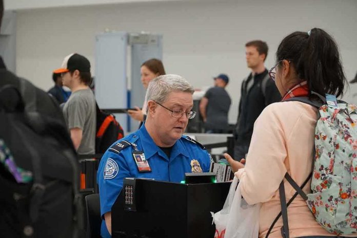Bill Bergey, a TSA officer, checks a traveler's documents at an airport security checkpoint