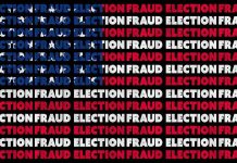 repeating phrase 'ELECTION FRAUD' in red, white, and blue on black background
