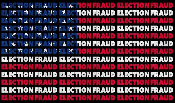 repeating phrase 'ELECTION FRAUD' in red, white, and blue on black background