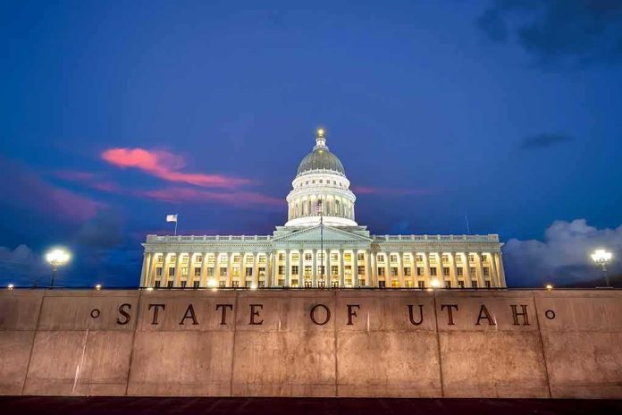 Utah State Capitol building at dusk with illuminated dome
