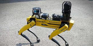 Quadruped robot on pavement with sensors mounted on top