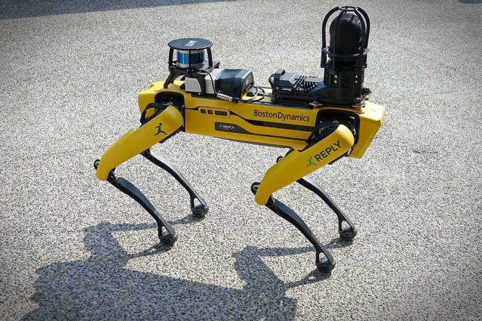 shutterstock_2046437357 Quadruped robot on pavement with sensors mounted on top