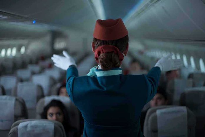 Flight attendant giving safety demonstration in airplane aisle