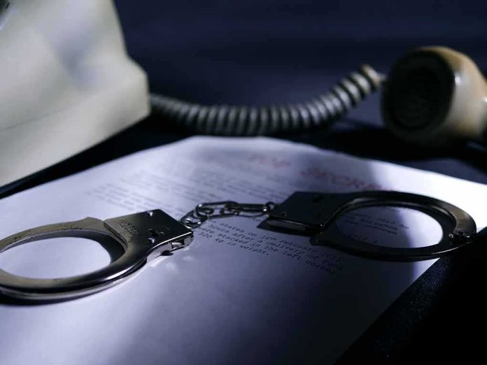 shutterstock_2147534161 Handcuffs on a document beside a coiled telephone handset