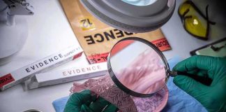 Forensic examiner inspects lace garment with magnifying glass