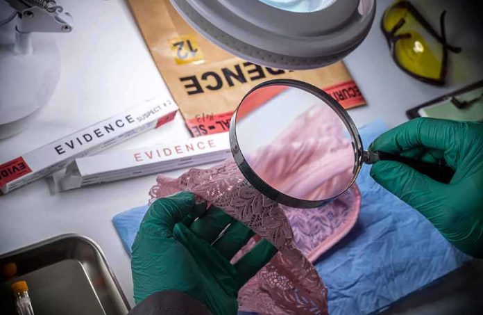 Forensic examiner inspects lace garment with magnifying glass