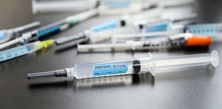 Close-up of fentanyl syringe on a table