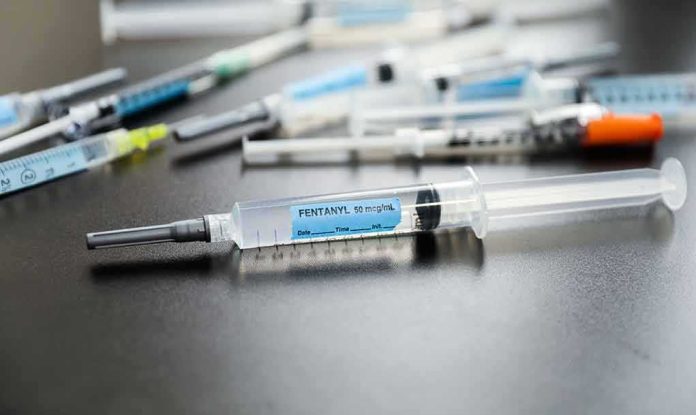 Close-up of fentanyl syringe on a table