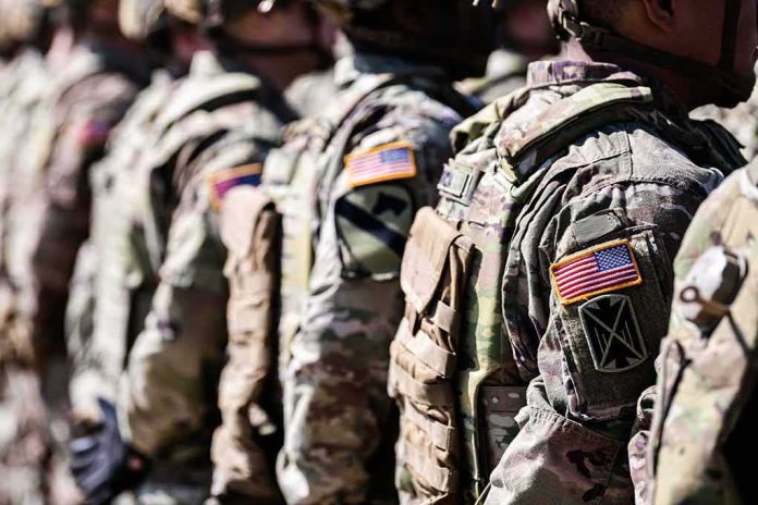 shutterstock_2321207565 Soldiers in camouflage uniforms standing in formation