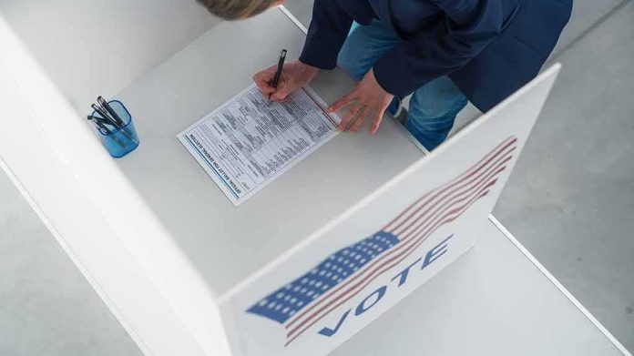 Voter filling out a ballot in a private voting booth