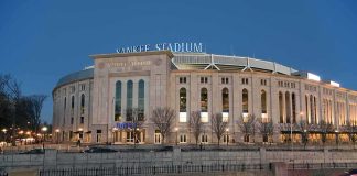 Yankee Stadium exterior at dusk