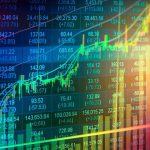 Stock market chart with rising candlesticks and trend lines