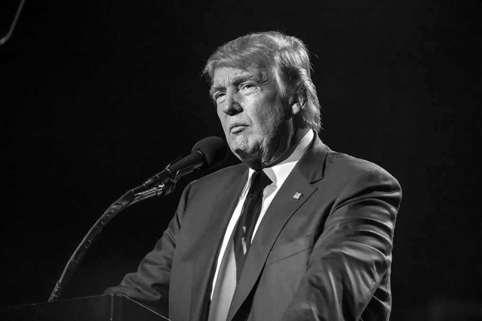 shutterstock_636139814-1 Donald Trump speaking at a microphone in a black-and-white photo