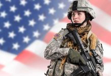 Soldier in camouflage holding a rifle against a blurred American flag