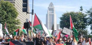 Protesters holding Palestinian flags gather in a city street