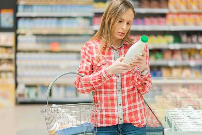 shutterstock_1031614558 Woman reading a bottle label in a grocery store aisle