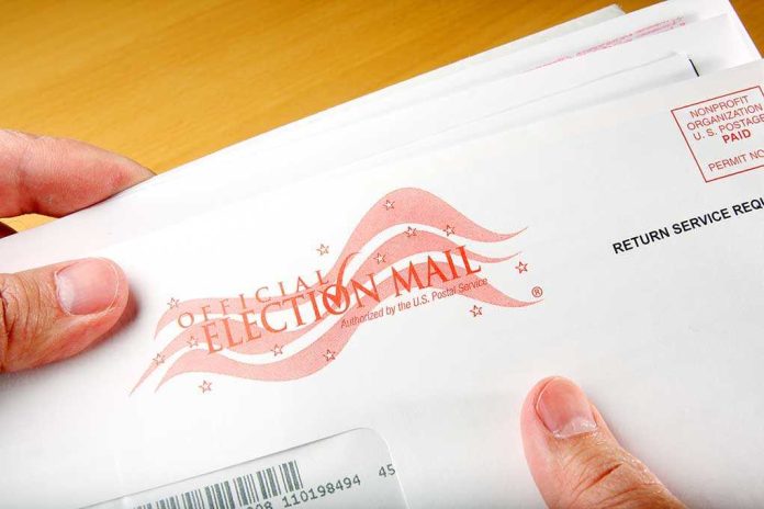 shutterstock_13034893 A hand holding an envelope labeled Official Election Mail
