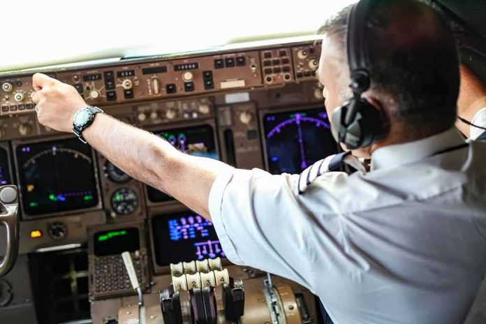 Pilot adjusting controls in an airplane cockpit