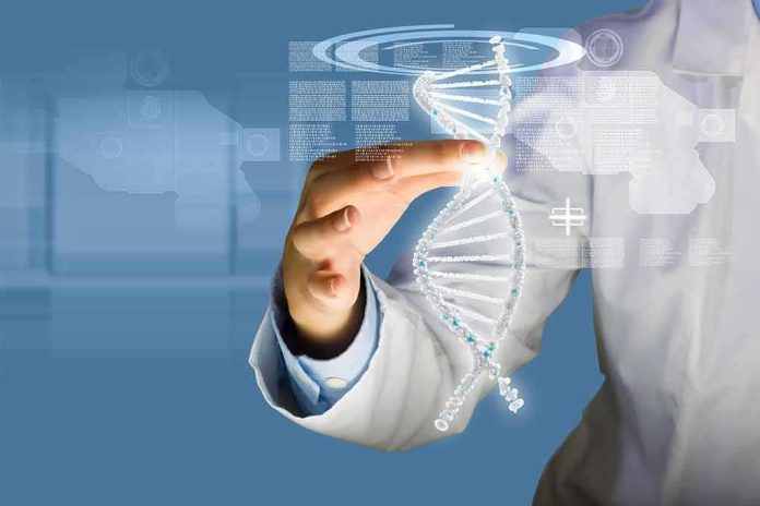 Scientist touching a digital DNA helix